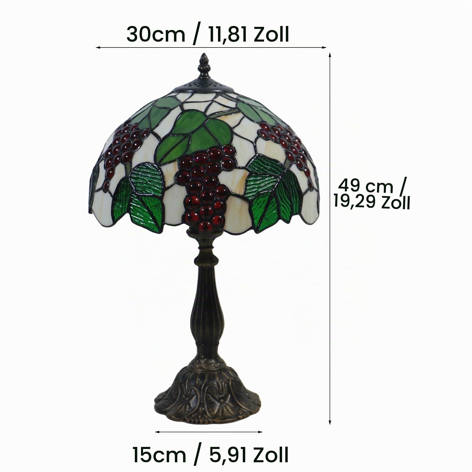 Tiffany Tischlampe, 12 Zoll Retro Lampe, Vintage Nachttischlampe, Deko Tischleuchte, Handcraft Bunte Glas Lampenschirm, Traube Muster, Mit E27 LED Glühbirne, für Schlafzimmer Wohnzimmer Büro