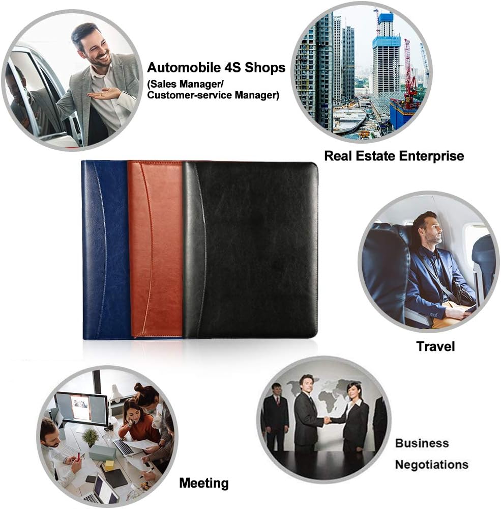 Women's Business Portfolio Organizer with Calculator& Clipboard, Brown Zippered Padfolio Cover Document Folder Leather Pad Portfolio Case