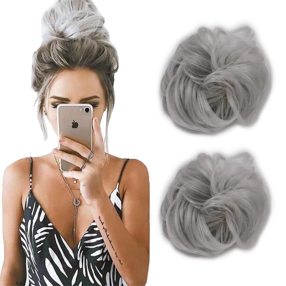 LaLuLoLi 2 Pcs/Pack Women's Curly Messy Buns Scrunchie Wigs Hair Extensions Silver Color Wavy Synthetic Updo Curly Hair Bun Party Haipieces (Silver)