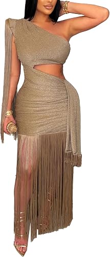 Cupitool Womens Sexy One Shoulder Fringe Dress Summer Sleeveless Cut Out Tassel 