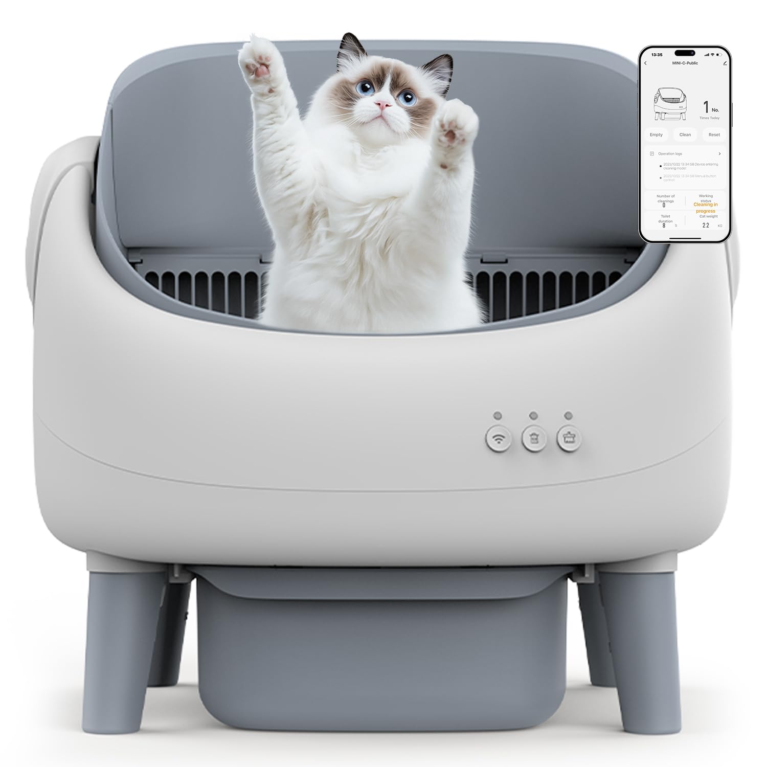 Photo 1 of Open-Top Self Cleaning Litter Box, Automatic Cat Litter Box for Multiple Cats, APP Control, Safety Protection, Includes Trash Bags, White/Grey