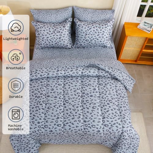 Image of lasoftan Leopard Queen Comforter Set with Sheets, 7 piece Luxury Vintage Bedding, Soft Microfiber Bed in a Bag, Cozy Lightweight Bed Set, Grey Cheetah Print