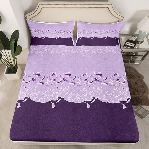 Purple Floral Bedding Set Queen Purple White Flower Bed Sheets With 2 Pillowcases Chic Blossom Branch Sheet Set Vintage Garden Aesthetic Art Decor Rustic Farmhouse Countryside Fitted Sheet #TOP1