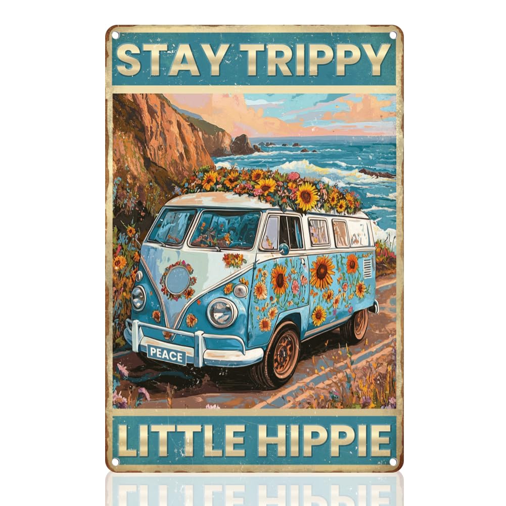 Stay Trippy Little Sunflower Bus Wall Decor Sign, Vintage Seaside Bus Wall Art, Metal Tin Poster For Home Oiffice Wall Decor Gift Metal Tin Sign 8X12 Inch