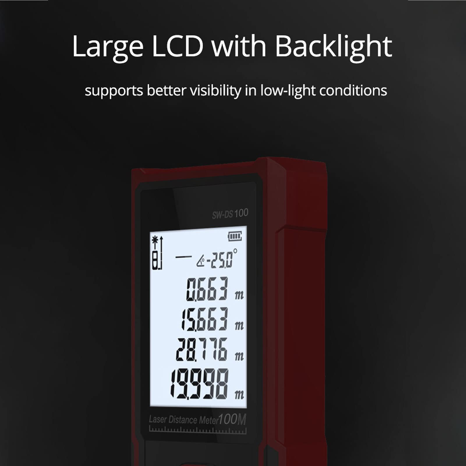 Wisecoco Herramienta De Medición Láser, Medidor De Distancia Láser Digital De 50/70/100 M, Buscador De Rango De Herramienta De Medición Láser con LCD Retroiluminado (SW-DS100 100M)