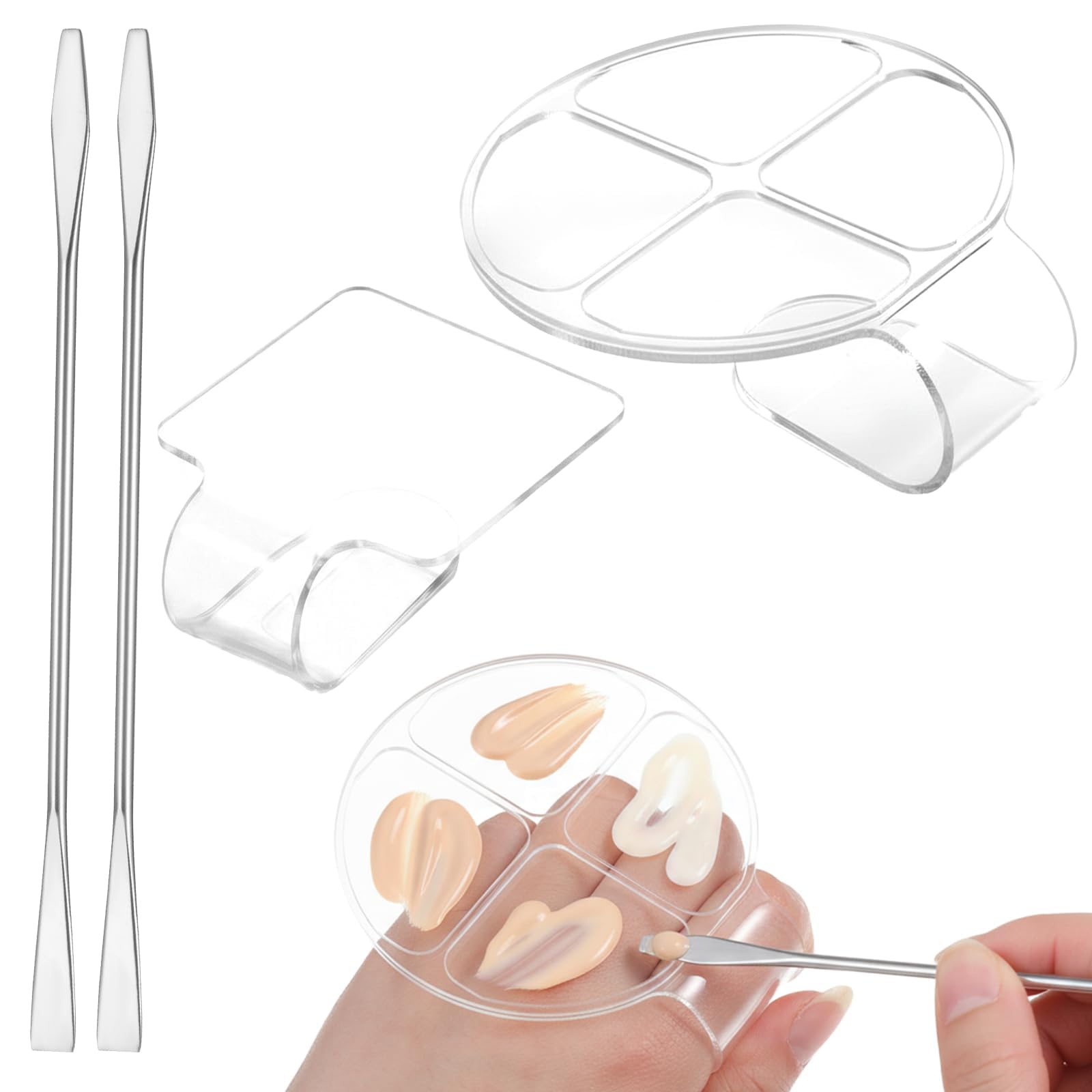 2Pcs Round Four-Compartment Makeup Palettes, Foundation and Blush Mixing Plate, Hands-Free Application Tool for Artists, Includes Two Mixing Sticks-image-2