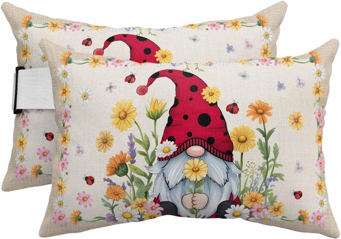 Throw Pillow Covers with Strap, Ladybug Gnome Daisy Flowers Spring Summer Vintage Farmhouse Floral Outdoor Water-resistant Throw Pillow Covers with Strap for Sofas, Cars and Seaside, 2pcs-12"X20"