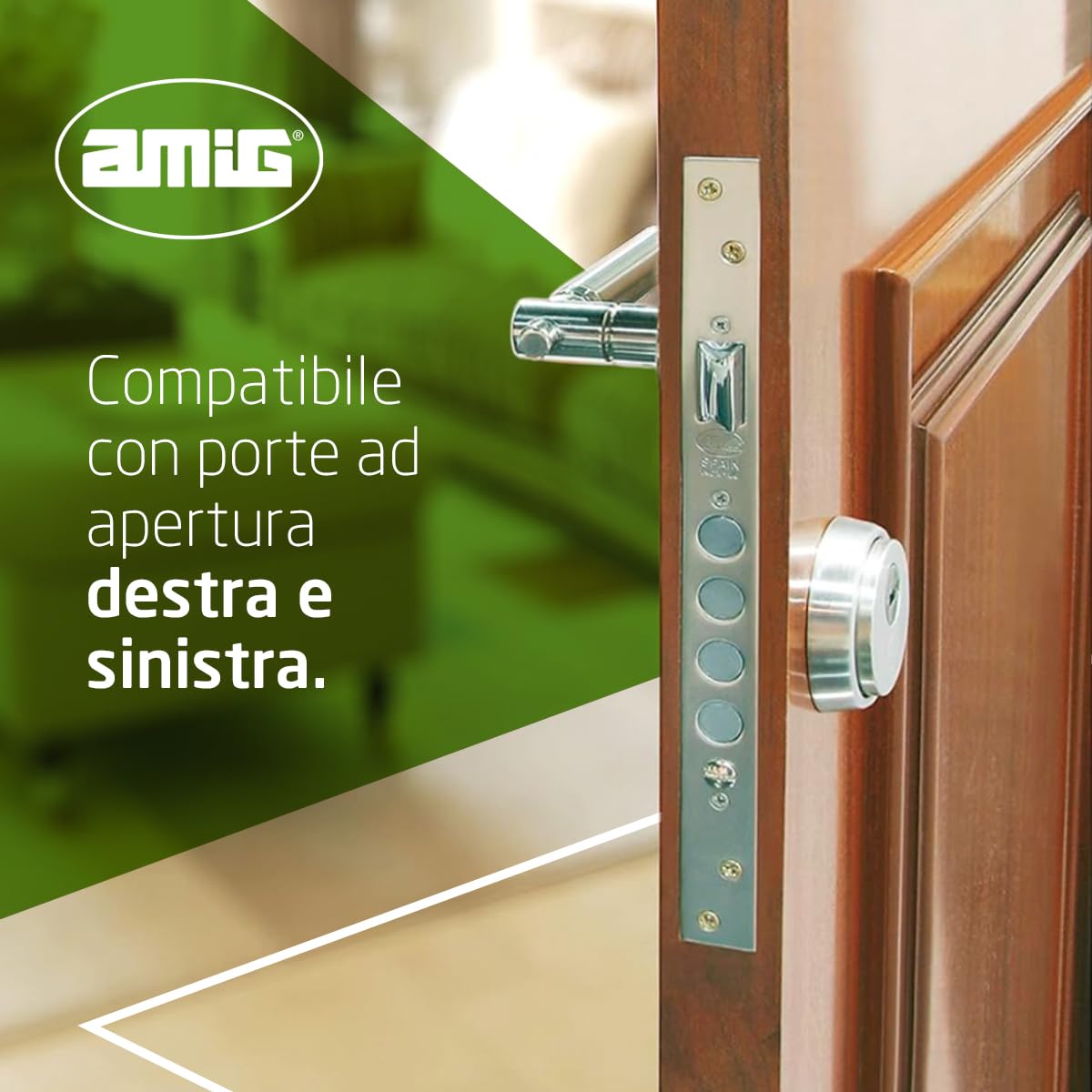 Amig - Serratura | Serratura da infilare con catenacci per porte | Acciaio | 50/85mm | Acciaio inox opaco | Senza cilindro e protezione di sicurezza | Chiusura reversibile