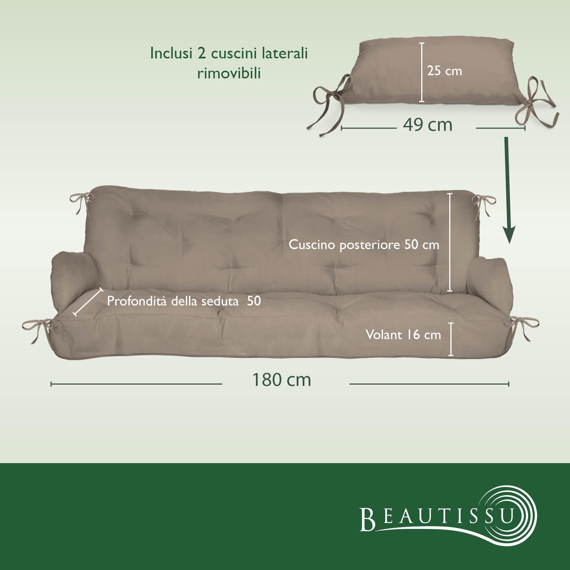 Beautissu Cuscini per dondoli e altalene da Giardino Flair HS - 180x50x8 cm - 2 braccioli e Un soffice Cuscino Grande - Taupe