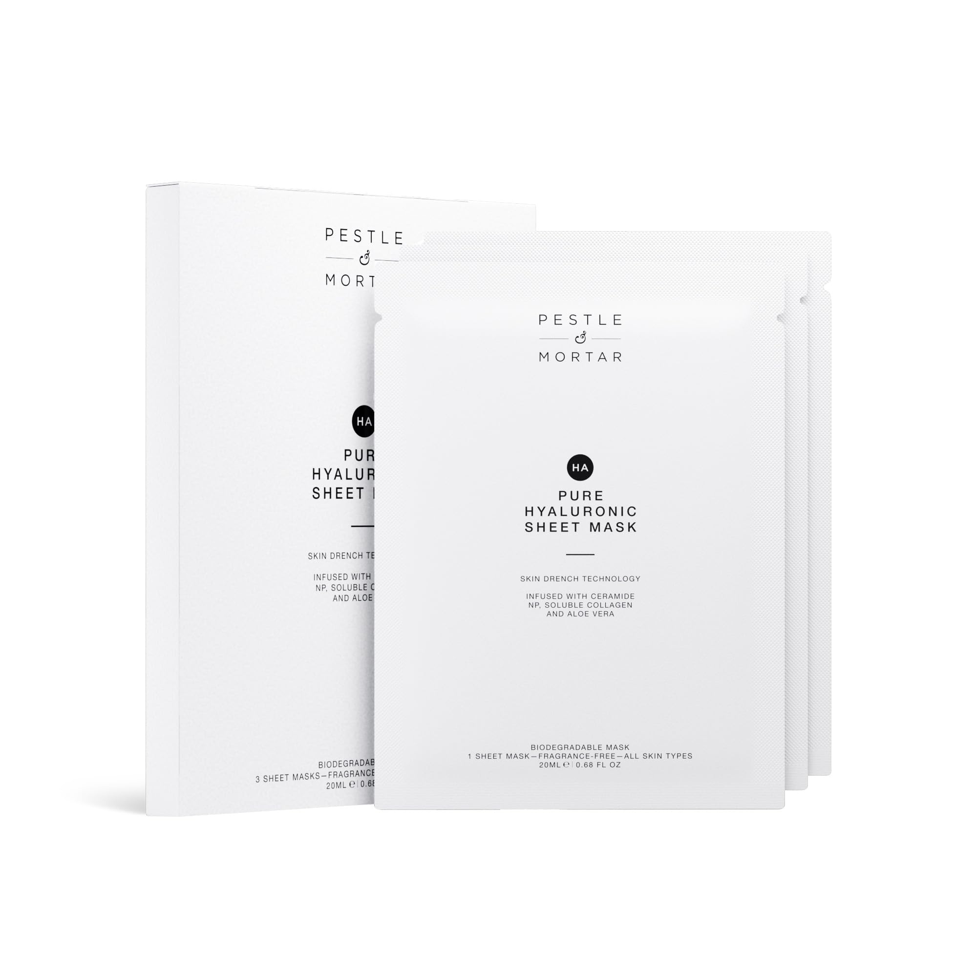 Pestle & Mortar Hydrating Sheet Mask - Pure Hyaluronic Acid Face Mask - Pack of 3 - Soothing & Moisture-Boosting Skincare