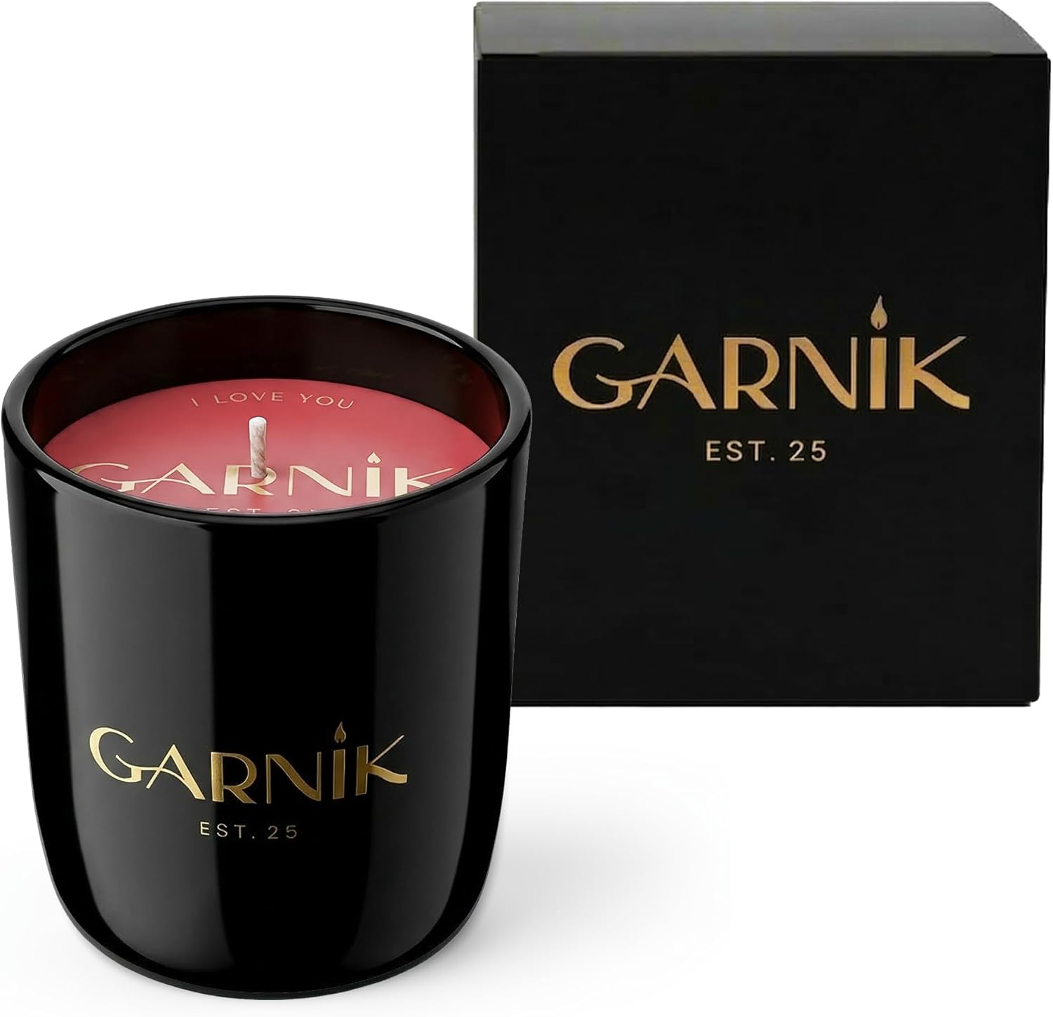 Garnik Luxury Scented Candle – Hand-Poured Soy Wax with Cotton Wick for Clean, Consistent Burn, 50+ Hour Burn Time with Evolving Fragrance, Black Jar for Home Decor & Gifting, 10 oz, I Love You Scent