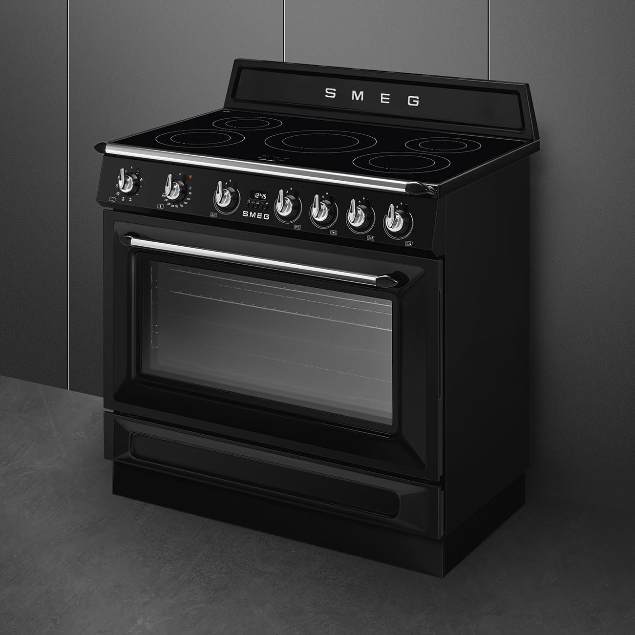 Smeg TR90IMBL - Cocina de acercamiento, línea Vittoria, 90 x 60 cm, placa de inducción, horno eléctrico de 115 litros, color negro brillante, clase energética A