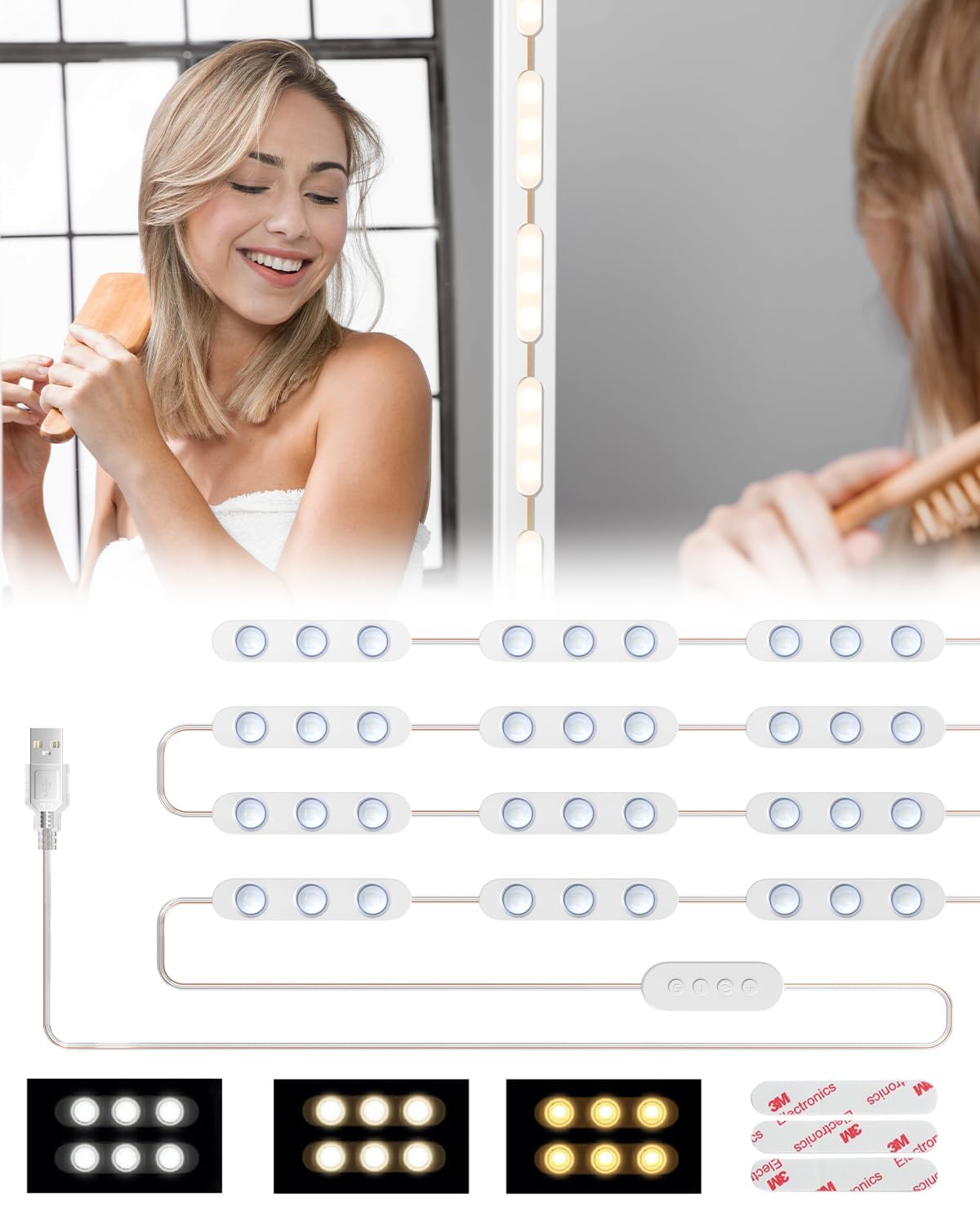 BrightArk Luces para Espejo 60 LED Luces Espejo Maquillaje con cable USB Regulable 3 Colores Luces LLED Espejo Blanco frío 6000K Luces Tocador Maquillaje para Tocador Baño Dormitorio