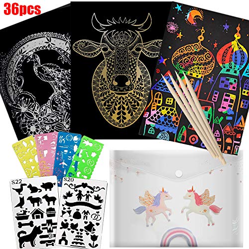 lnkey Scratch Art Paper Molipat 36 Hojas Scratch Art Cuadernos para Dibujar Papel de Rascar Incluye 6 Plantillas de Plantillas de Dibujo 4 Lápices de Madera con Niños, Manualidades, Escribir Listas