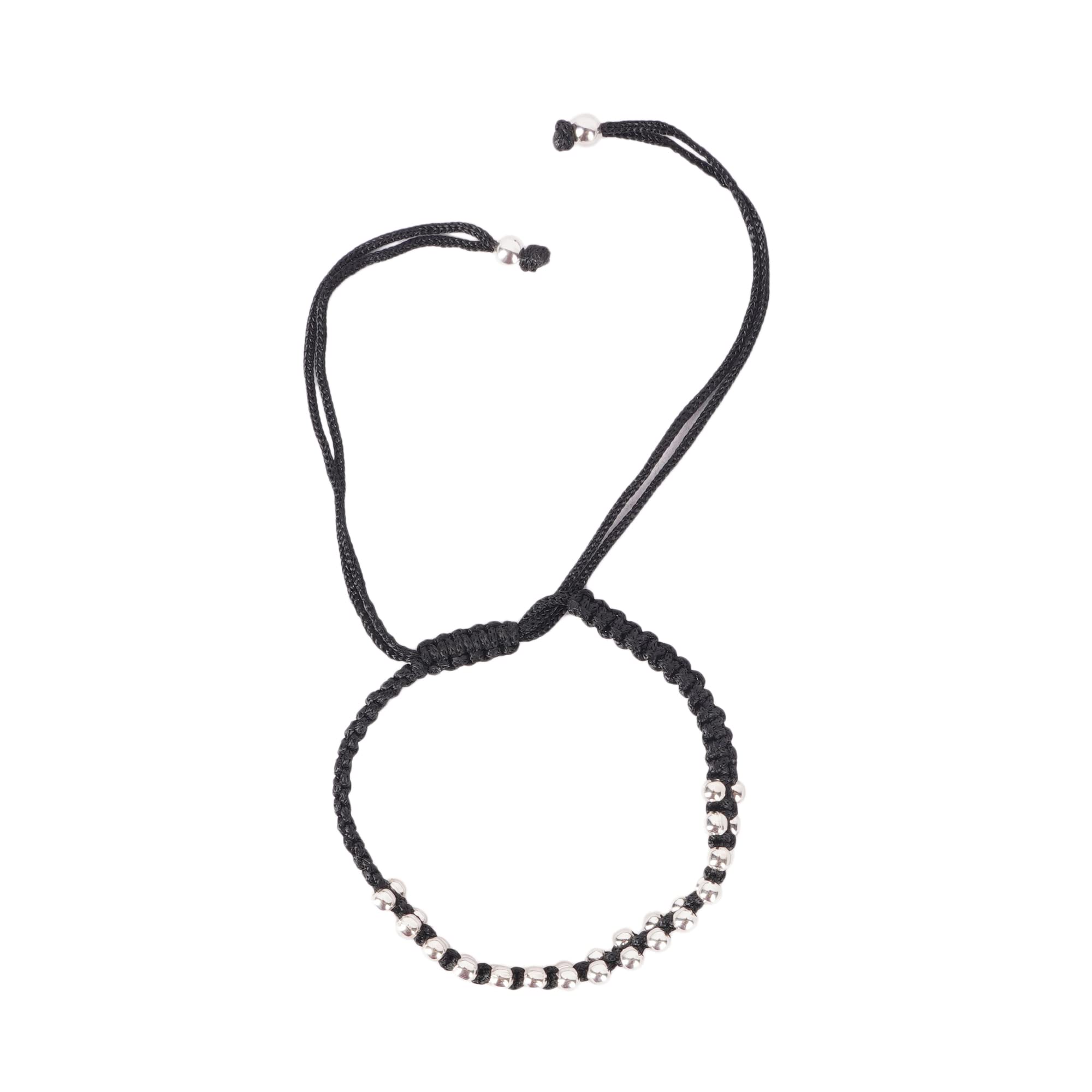 DHRUVS COLLECTION Single Piece Of 925 Sterling Silver Designer Adjustable Black Thread Nazariya Bracelet With 30 Silver Balls For Girls And Women - 3 Grams