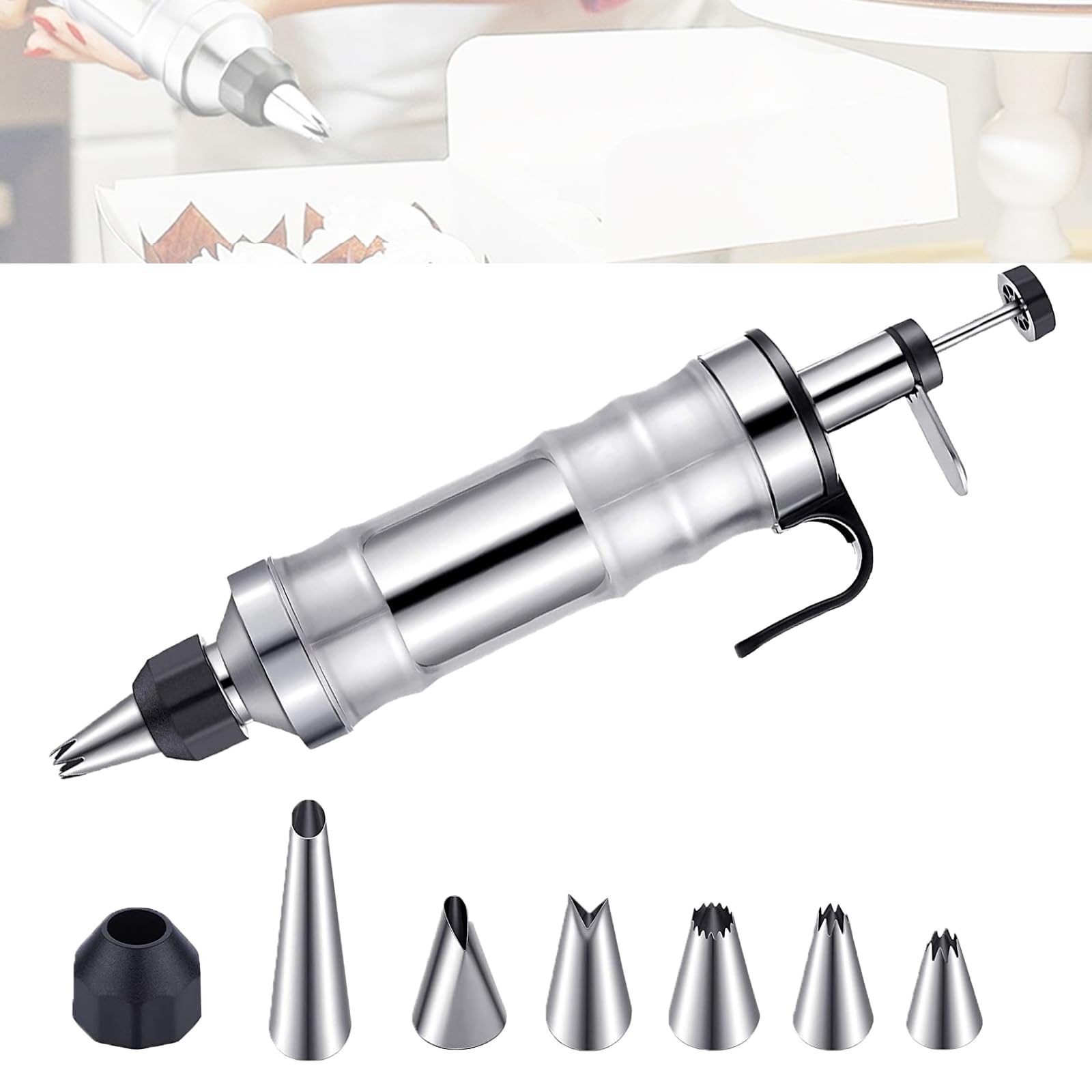 Seringue à pâtisserie en inox Seringue à pâte Pistolet de Presse Set de seringues à pâtisserie Presse à biscuits DIY, accessoires de cuisson pour gâteaux et biscuits avec et 6 Douilles (noir)