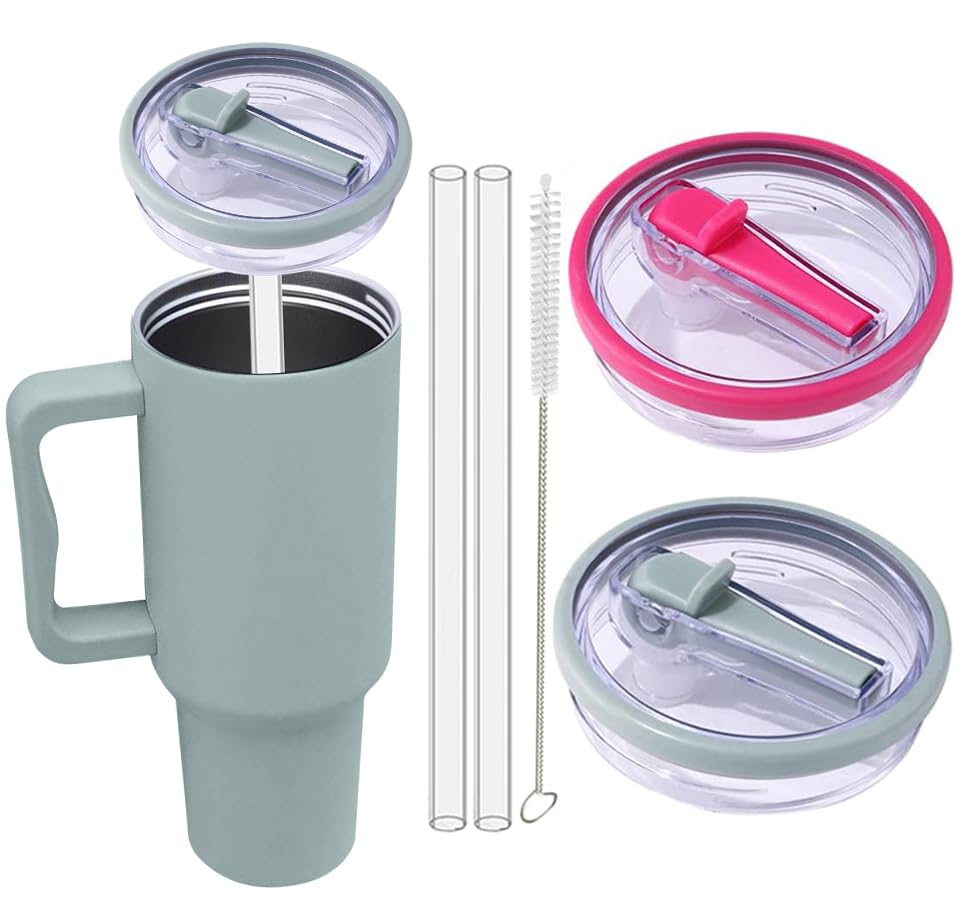 Produktbild von 2er Set Ersatzdeckel Für 40oz Stanley Cup – Inkl. Strohhalme, Auslaufsicher & Staubdicht, Tiefgrün