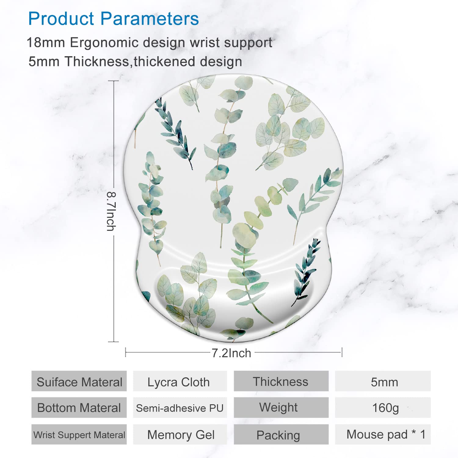 ITNRSIIET Ergonomic Mouse Pad with Gel Wrist Support Small Wrist Rest Smooth Surface Non-Slip PU Base Comfortable Office Supplies Pain Relief, 8.7 x 7.2 inches, Eucalyptus Branches - 5