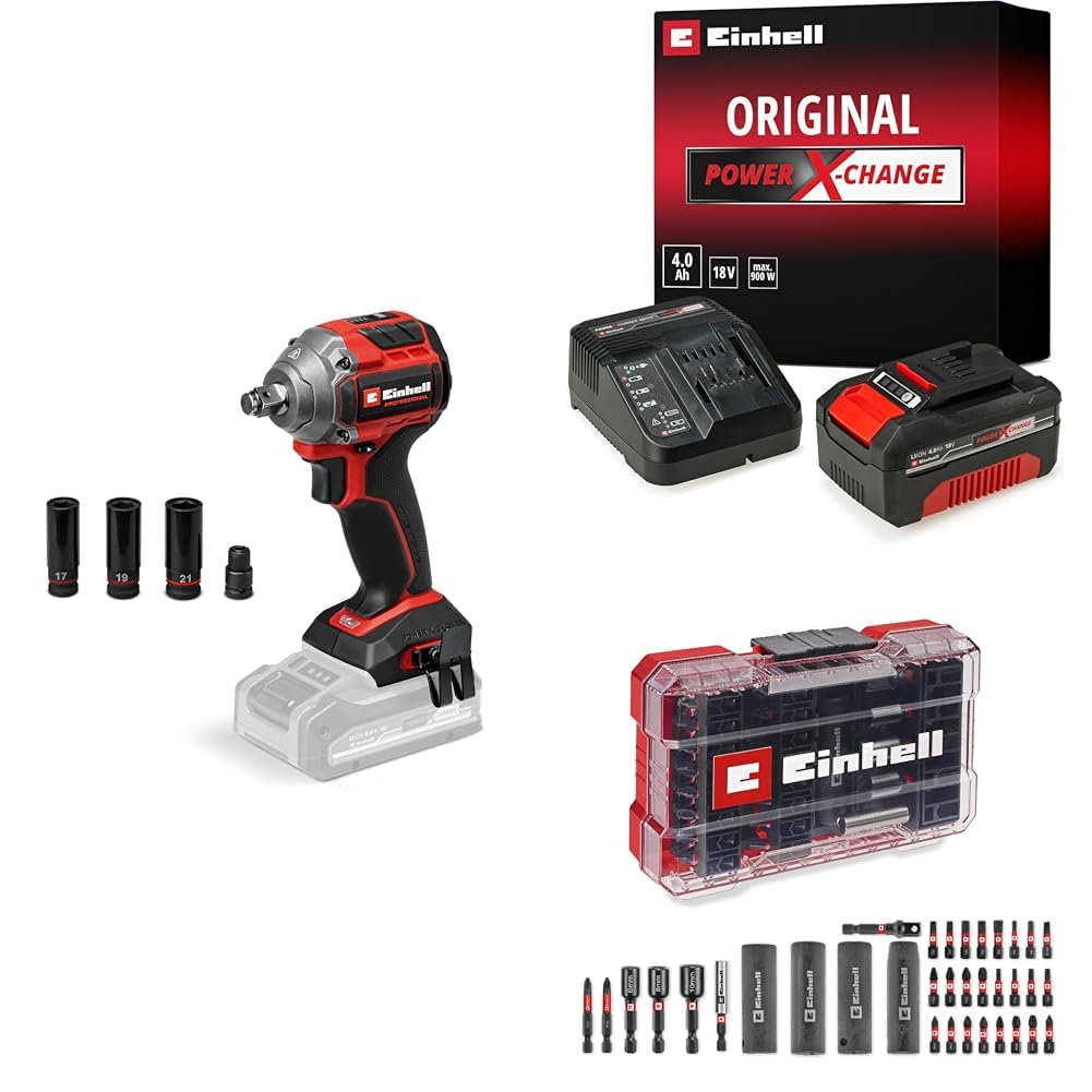 Einhell TP-CW 18/260-C Li BL - Solo, Kömürsüz Akülü Darbeli Somun Sıkma + 18V 4,0 Ah PXC Starter Kit, Akü ve Şarj Cihazı + Bits ve Lokma uç seti 35 parça, M-Case kutu