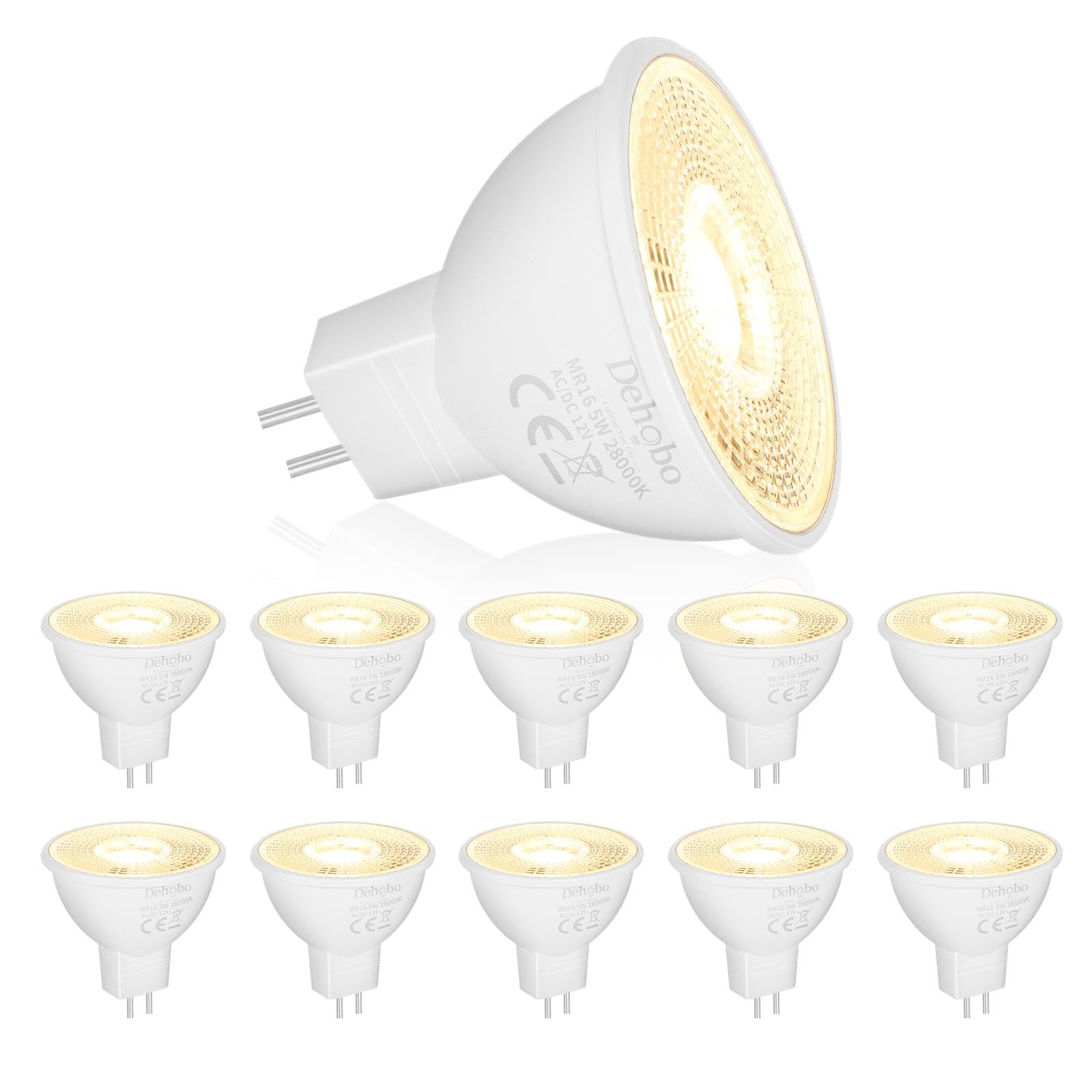 Dehobo MR16 LED Bulbs 2800K Warm White Light, GU5.3 Base Flicker-Free Bulb - 5W 500 Lumen Aluminium and Plastic - Energy Saving 90% for Kitchen, Pack of 10