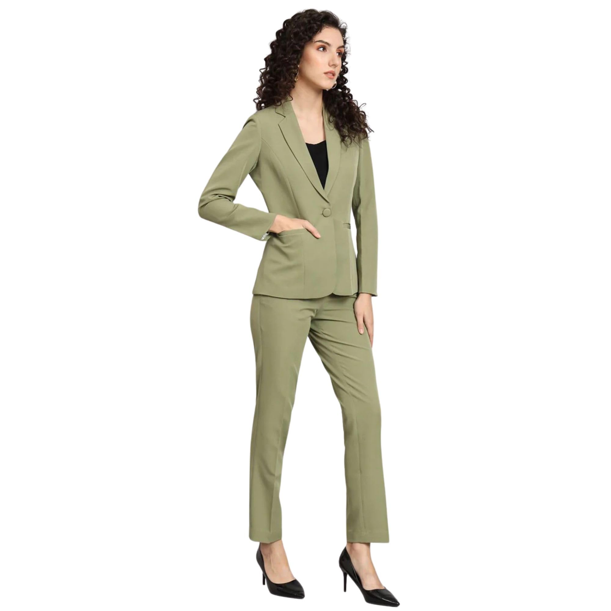 Women's Olive Green Notch Collar Stretch Suit with Blazer & Trousers | Single-Breasted | Button Closure | Elastic Waist Pants
