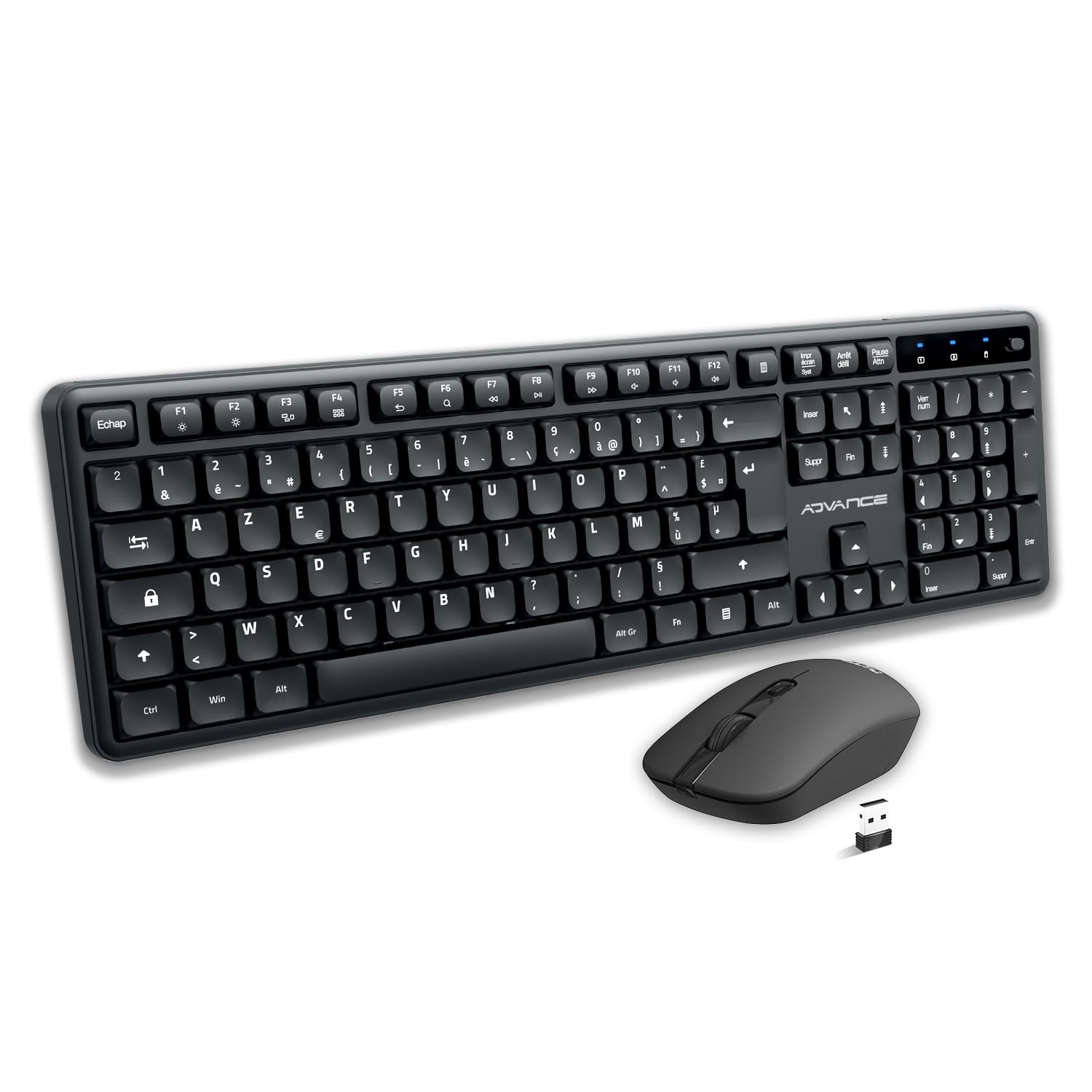 AD ADVANCE - SilentKeys, Pack Clavier Souris sans Fil Silencieux pour PC et Mac, Clavier AZERTY 105 Touches, 12 Raccourcis Multimédias, Hauteur Réglable, Souris 1600 DPI, Dongle USB, Noir