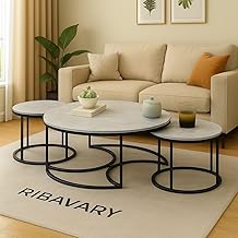 RIBAVARY Round Coffee Table Set of 3, Marble Laminated Accent Center Table with Sturdy Metal Base | Modern Nesting Stacking Sofa Tables for Living Room, Bedroom, or Apartments (Grey - Black)