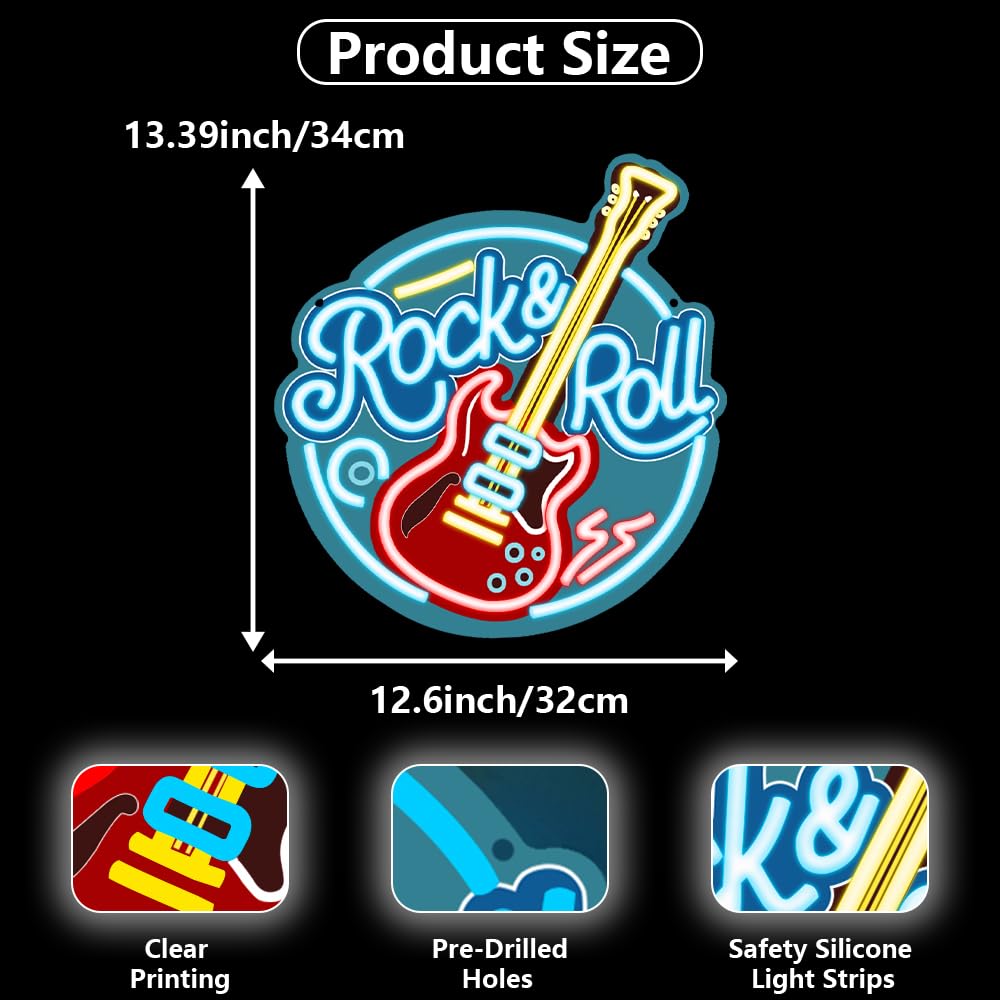 RuCvixkt Rock Roll Neonlicht für Wanddekoration, dimmbares LED Rock and Roll Gitarre Neon-Schild für Musikstudio, Salon, Bar, Club Deko, Geschenk für Jungen Mädchen Musikliebhaber
