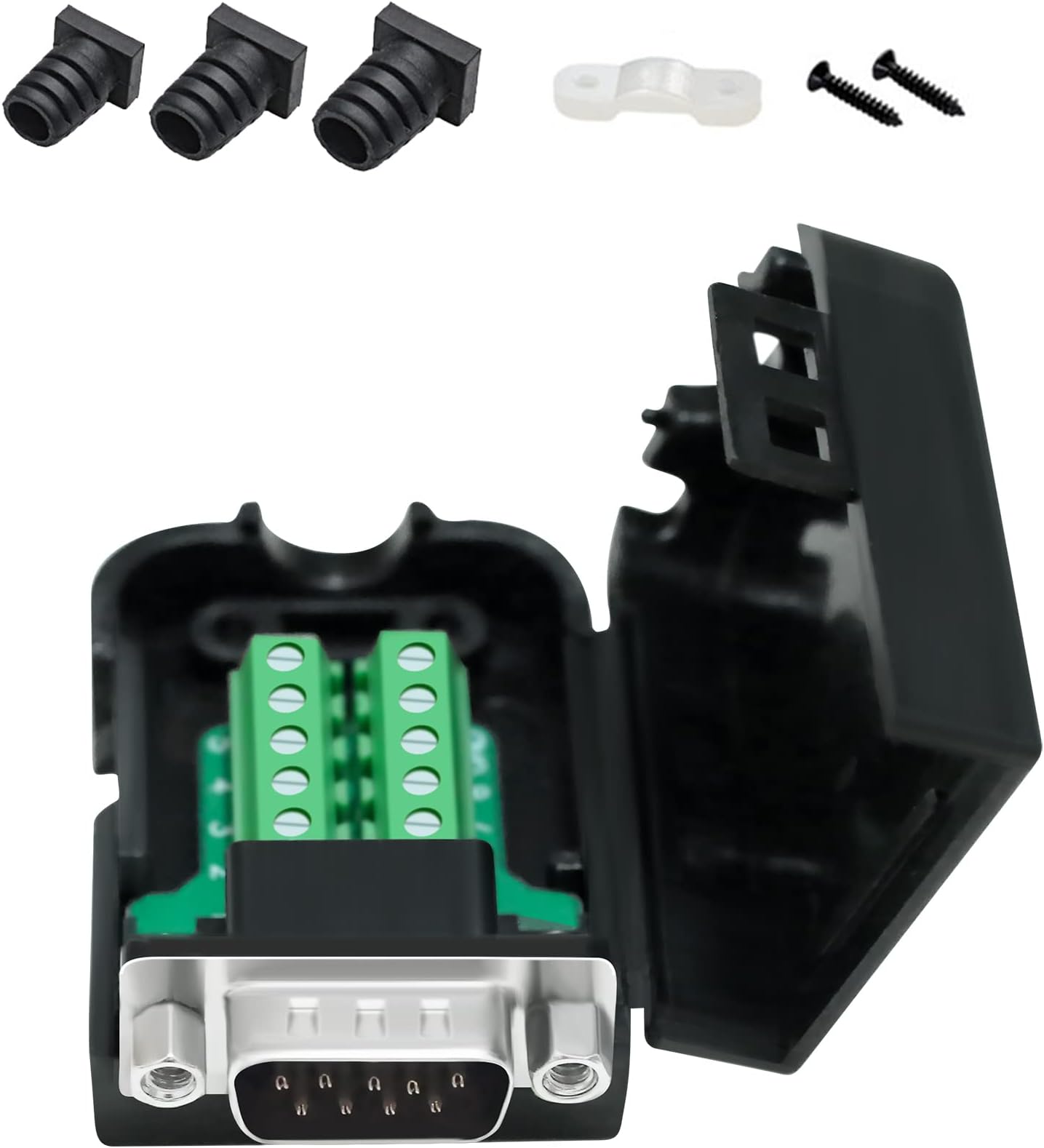 DTech DB9 Breakout Connector, Male RS232 Connector Kit Serial Adapter DB-9 Solderless Module Board with Terminals Block, Case, Nuts and Tail Pipes (DB9 Male + Nuts)