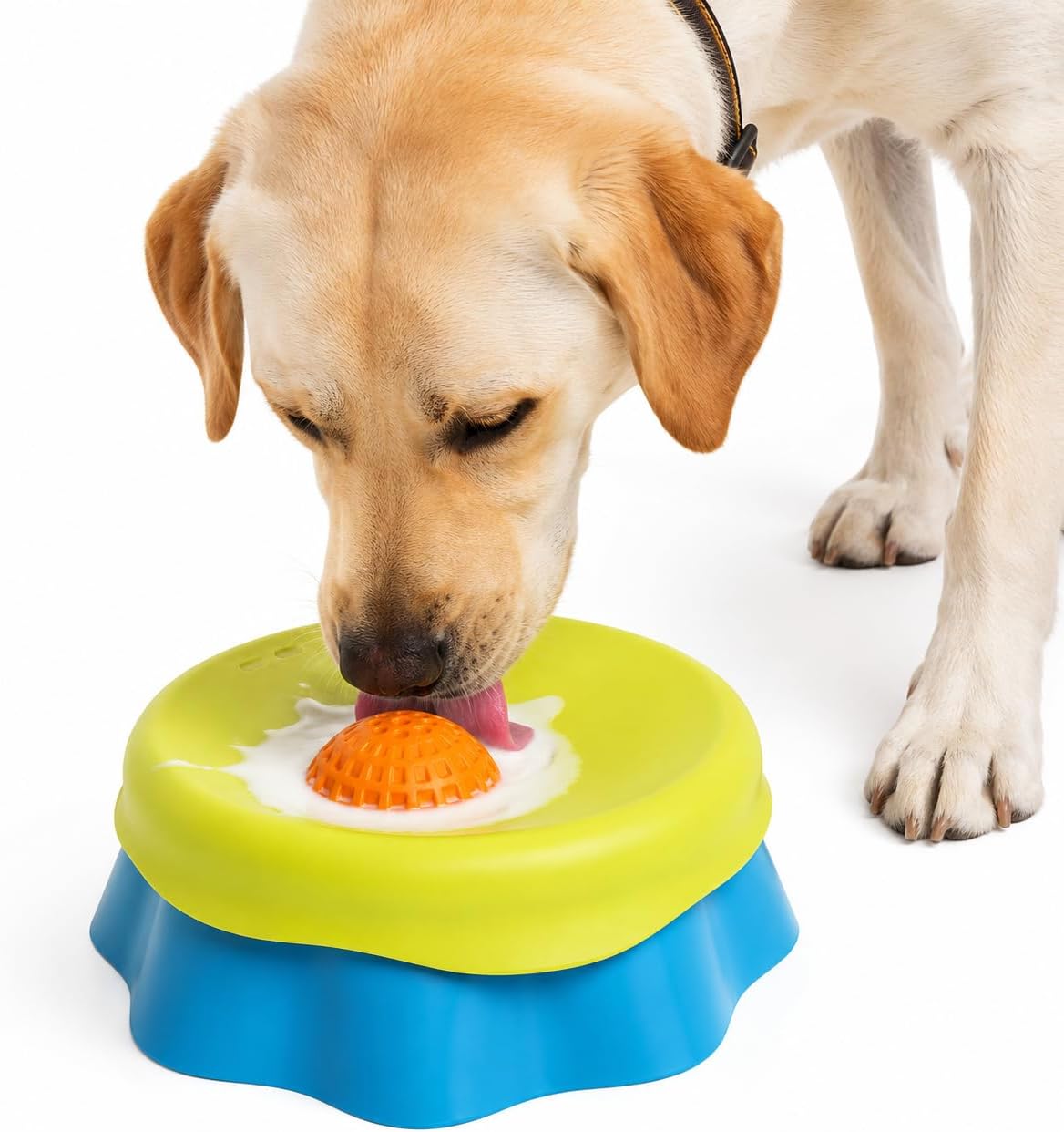 Silicone Lick Bowl for Dogs & Cats, 3-in-1 Slow Feeder Bowl with Rolling Treat Ball, Snap-Lock Lid, Pet Enrichment Dish for Wet Food & Treats (Blue/Green)