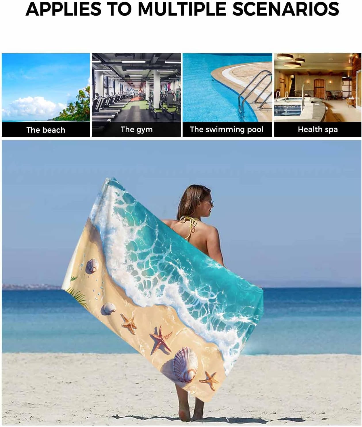 Bath Towel Sets, Summer Beach Starfish Shell Bathroom Towels Soft Hand Towel Washcloth Cotton Towel Set,Absorbent Soft Bath Set for Hotel Beach Pool Coastal Blue Gradient Ocean Towels