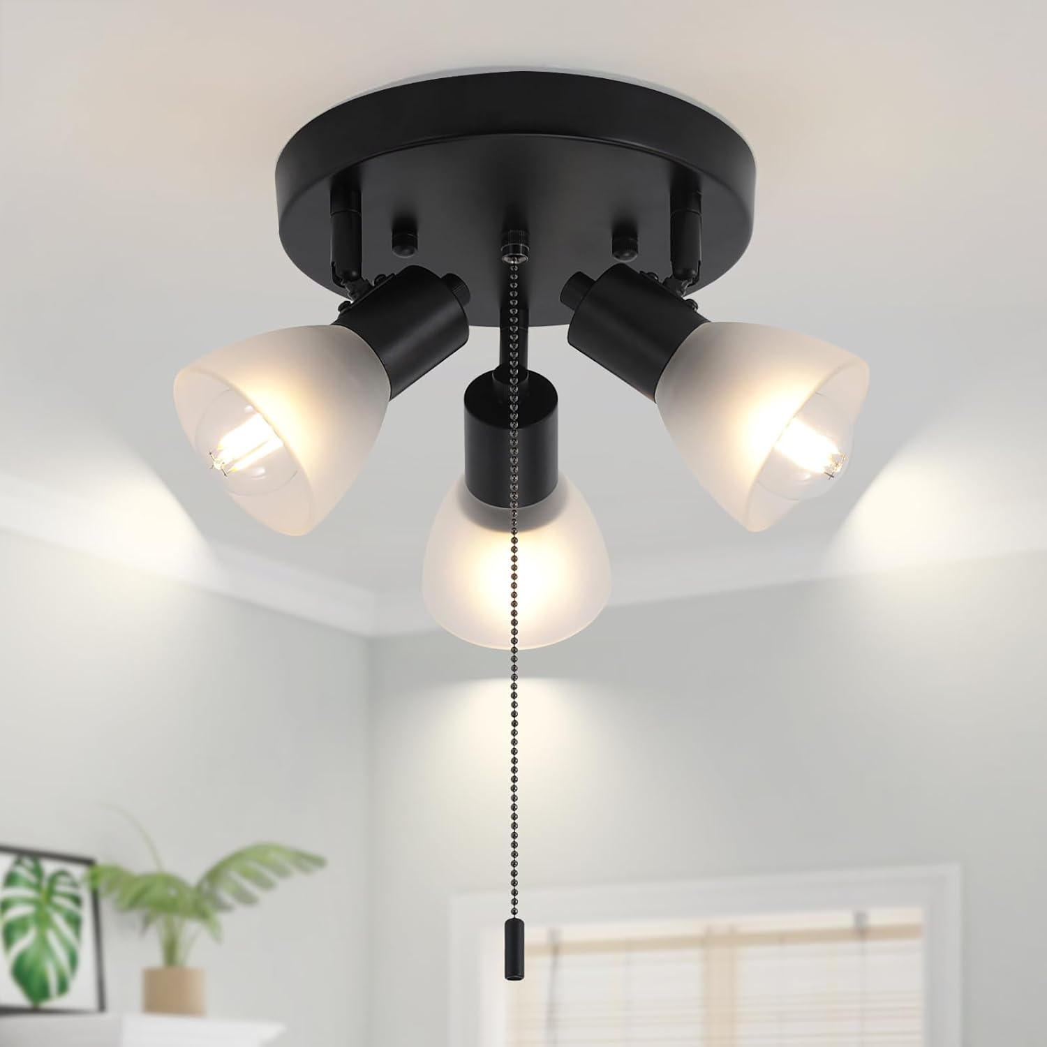 KEESFU 3-Light Black Pull Chain Track Lighting, Adjustable Multi-Directional Ceiling Light Fixture with Glass Shades, Flush Mount for Kitchen Island, Dining Room, Hallway E12 Base (No Bulbs)