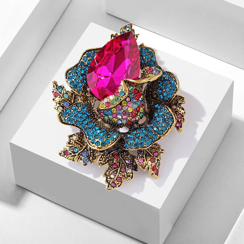 Image of Rhinestone Flower Brooch For Women Crystal Rose Flower Brooch Pin Big Size Rhinestone Crystal Flowers Broochs Stylish Rhinestone Rose Flowers Pin Elegant Clothing Hat Bag Accessories