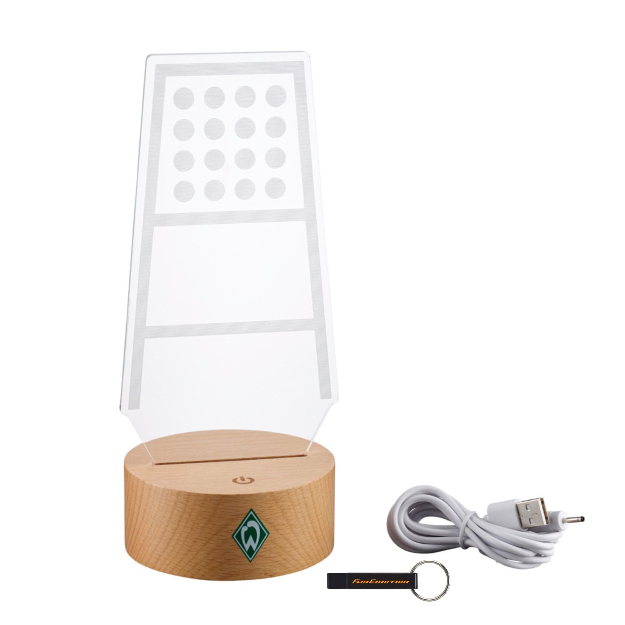 Werder Bremen LED-Licht Flutlicht Touchbutton, grün/weiß, Holzsockel, USB/Batterie Fanartikel + FanEmotion Flaschenöffner