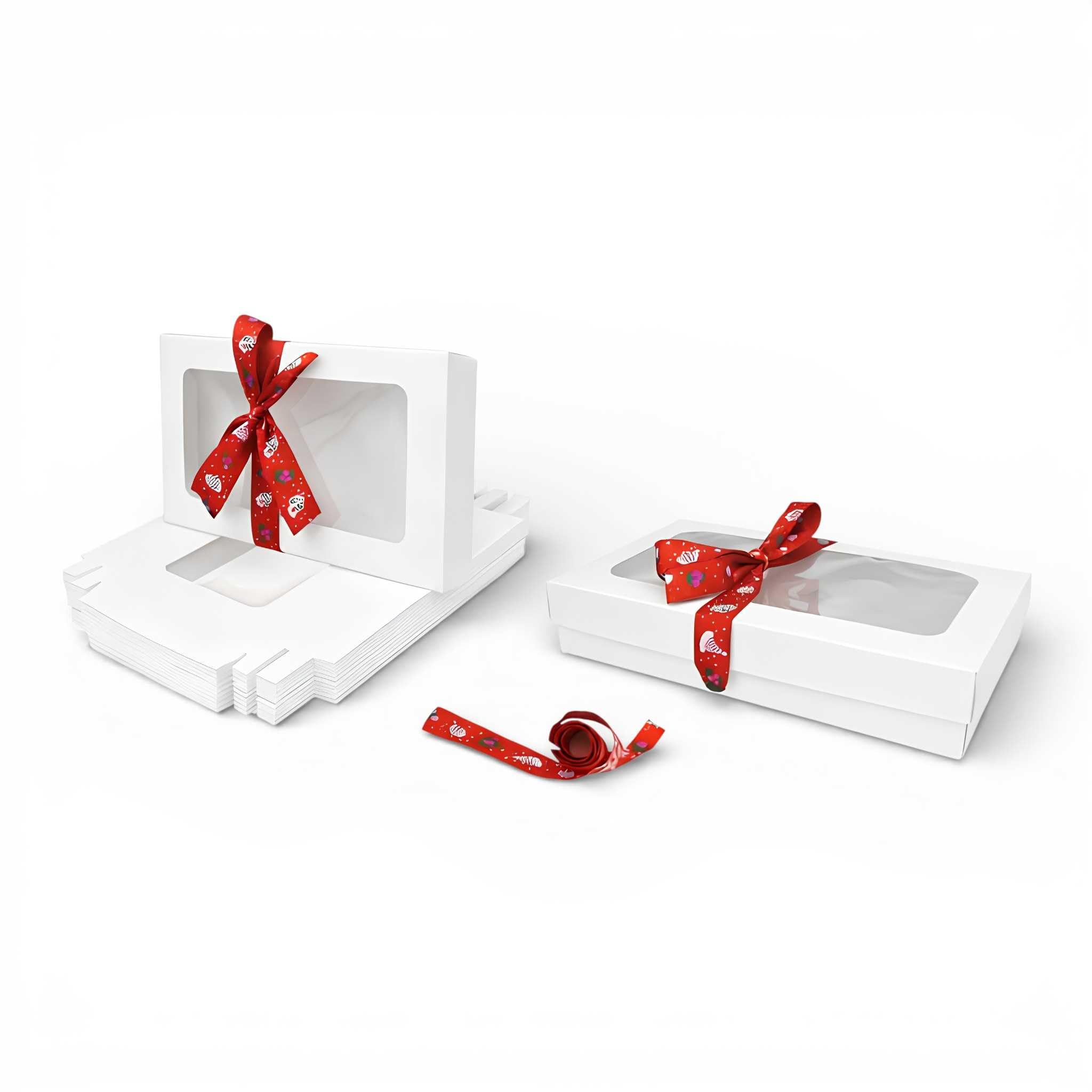 Emartbuy Pack of 36 White Gift Boxes with Clear Window Lid & Red Hat Satin Ribbon - Medium-Large 27 x 16 x 6 cm - Recyclable Kraft Presentation Box for Hampers, Treats, Weddings & Favours