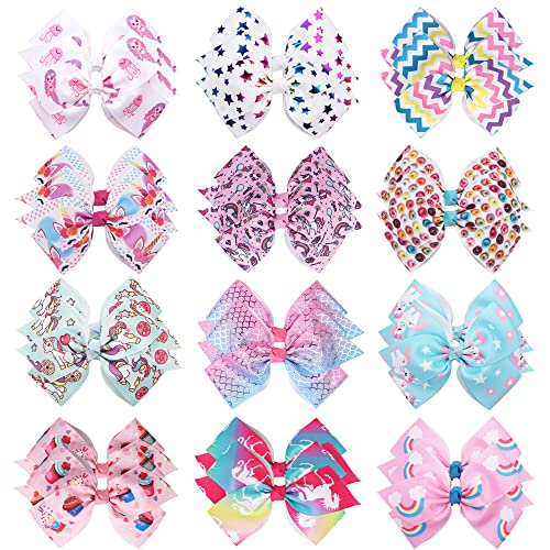 24PCS 4.5Inch Bows for Girls Boutique Grosgrain Ribbon Rainbow Hair Bow Alligator Hair Clips Pigtail Bows Unicorn Hair Clips for Baby Girls Toddler...