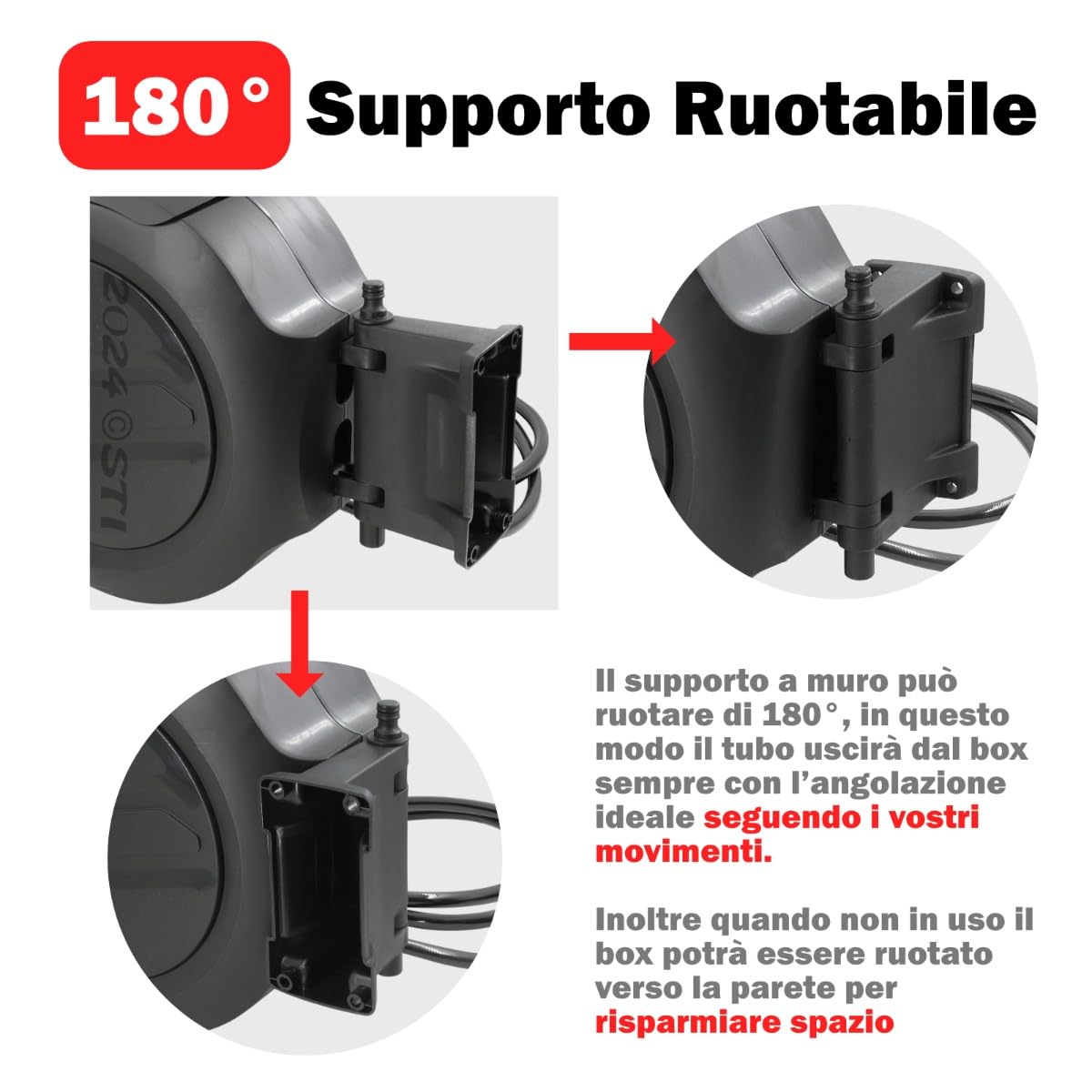 STI Avvolgitubo automatico per aria compressa 20m da Parete con Box e fissaggio a parete Tubo Aria 17 bar con attacchi rapidi da 1/4 di pollice e tubo da 3/8