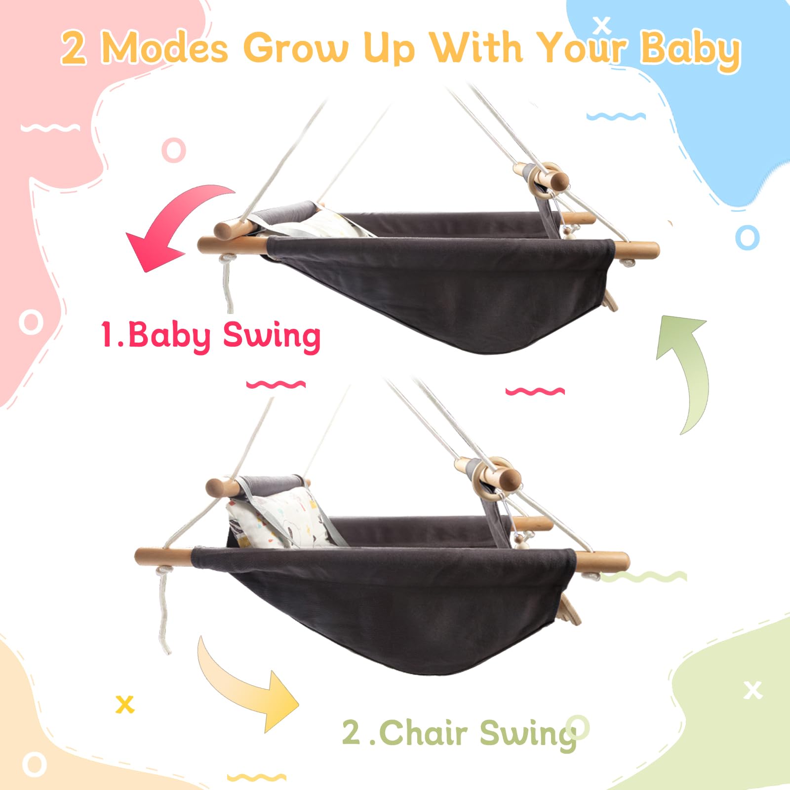 Columpio para bebés al aire libre e interior para bebés y niños pequeños, columpio portátil ajustable para porche con cinturón de seguridad de 5 puntos, silla colgante de árbol para niños, 2