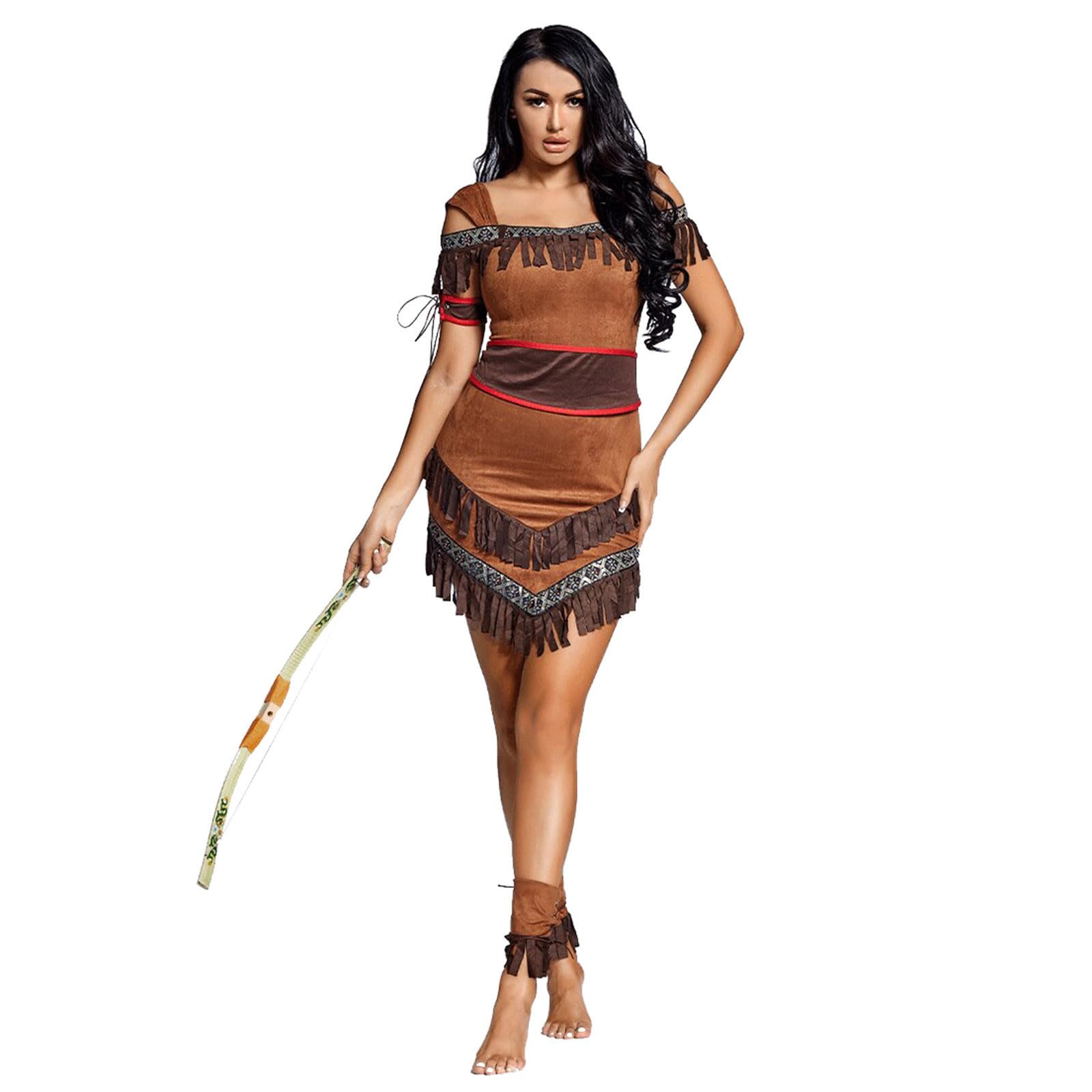 Indianer Kostüm Damen Fasching Wickel Fransenkleid in Wildleder-Optik für Cowgirl Hippie Indianerin 60er 70er Jahre Outfit Faschingskostüm Indianer Karneval Kostüm