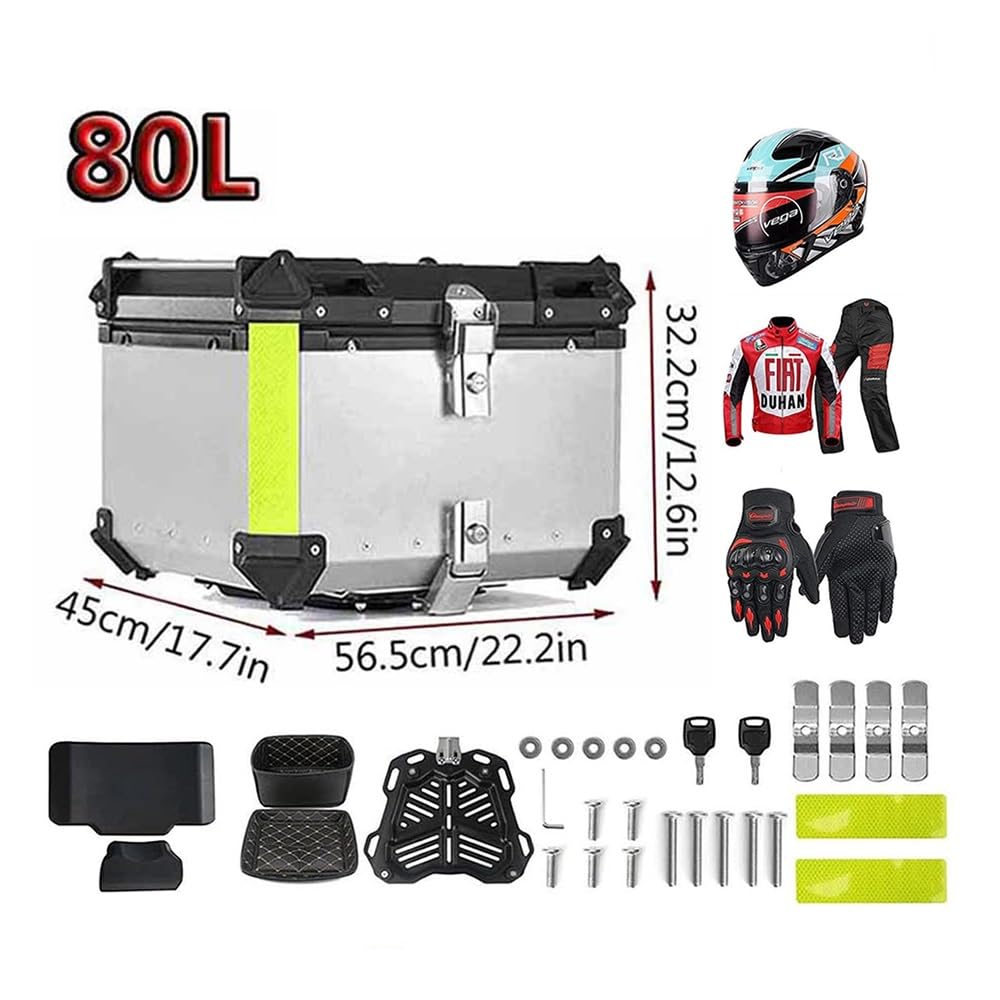 Coffre Valise Moto Universel 28-100L Top Case Aluminium Moto, Coffre Topcase avec Serrure de Sécurité, pour Casque Moto(Noir,80L)