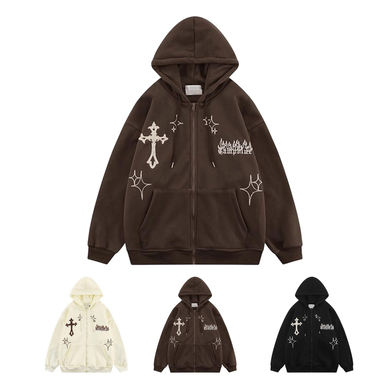 Y2k Felpa con cappuccio gotica da uomo e donna con zip e ricamo incrociato grafico abbigliamento estetico streetwear