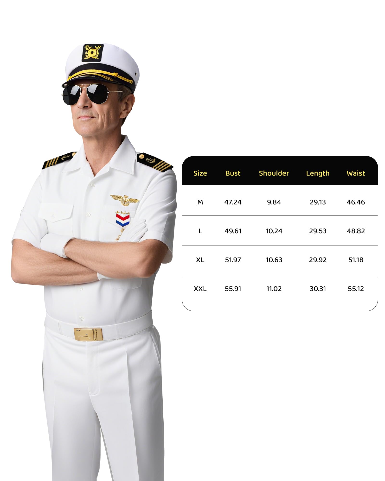 Costume da capitano dello yacht per adulti, 8 pezzi | Costume da capitano dello yacht per adulti, costume da marinaio, con cappello, camicia, spalline, guanti e accessori, 8 pezzi