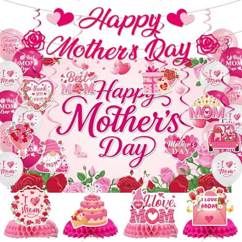 Wxiben Happy Mothers Day Party Decorations, 33PCS Mother's Day Decoration Set with Banners Hanging Swirls Honeycomb Centerpieces, Thank You Mom Backdrop Balloons Decor Supplies for Home Office (Pink)