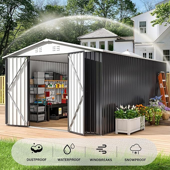 Image of Polar Aurora 10x14 Outdoor Storage Shed, Garden Shed with Updated Frame Structure and Lockable Doors, Metal Tool Sheds for Backyard Garden Patio Lawn, White