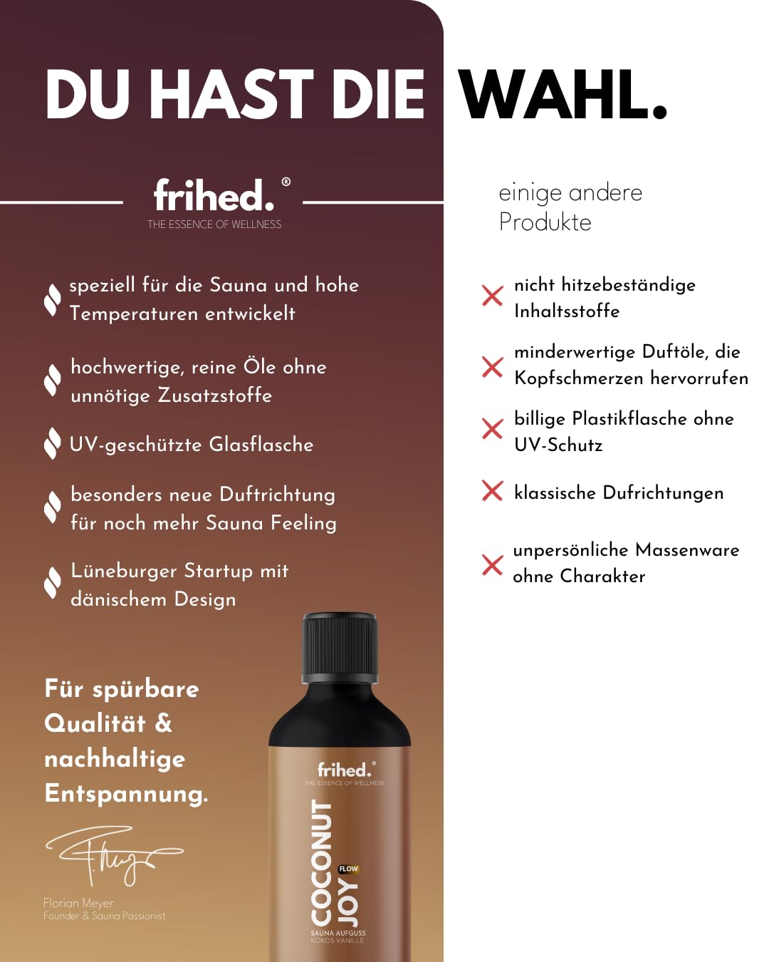 Frihed. Coconut Joy - Aceite de sauna de coco y vainilla altamente concentrado, exótico, fragancia de larga duración, botella de cristal, fabricada en Lüneburg