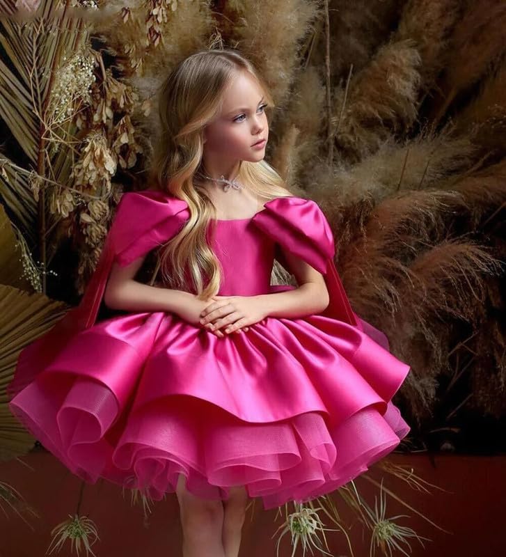 Satin Short Flower Girl Dresses for Wedding Kids A Line Puffy Princess Birthday Party Gowns with Bowknot TY164