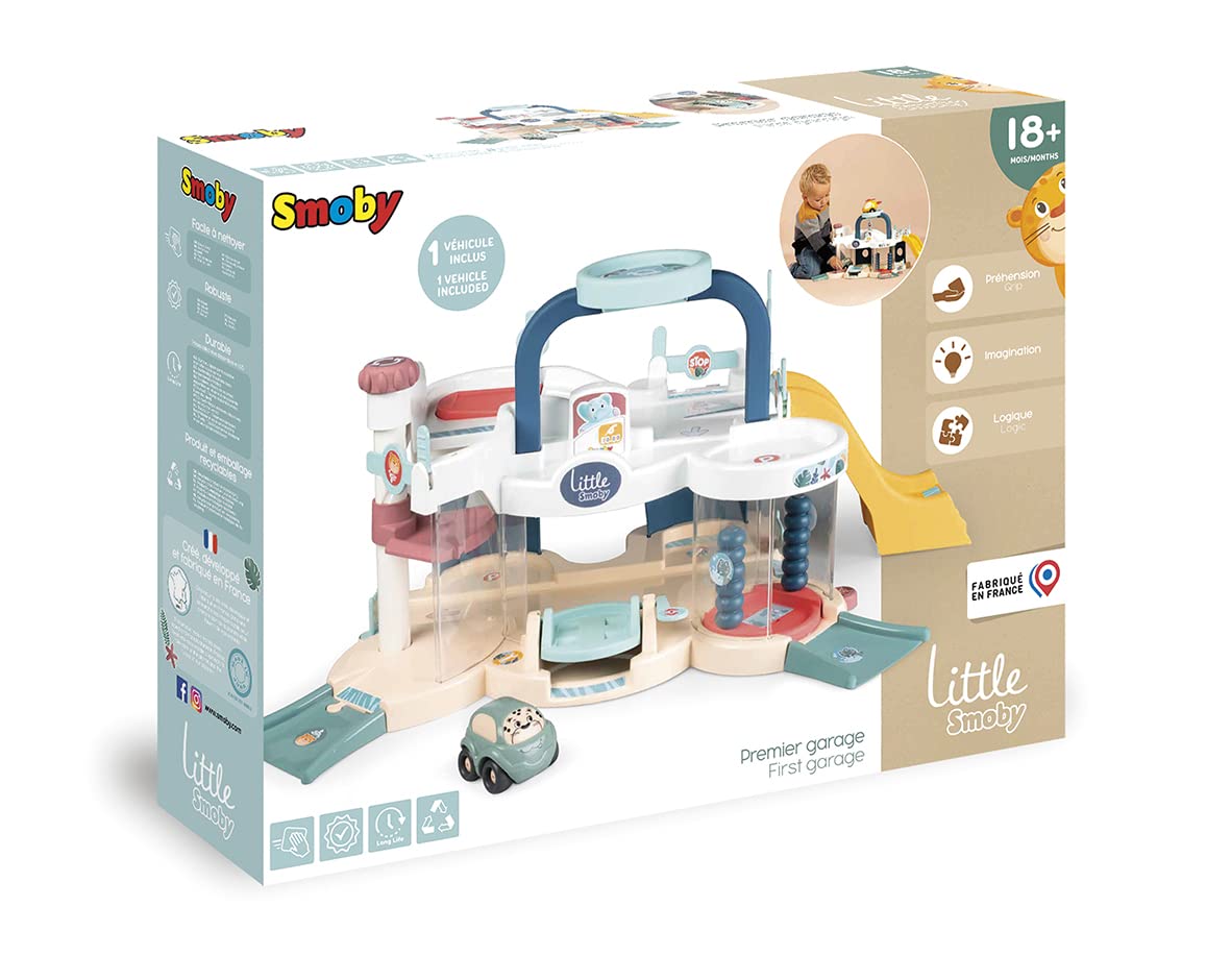 Smoby Little Premier Garage Station de Lavage Ascenseur Héliport Bascule de Lancement 1 Voiture Incluse 18 Mois Fabrication Française