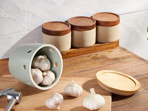 Miniatura 8 de ONEMORE Porta ajos grande con tapa, recipiente de ahorro de ajo de cerámica de 12.7 cm, porta ajos para mostrador, verde claro