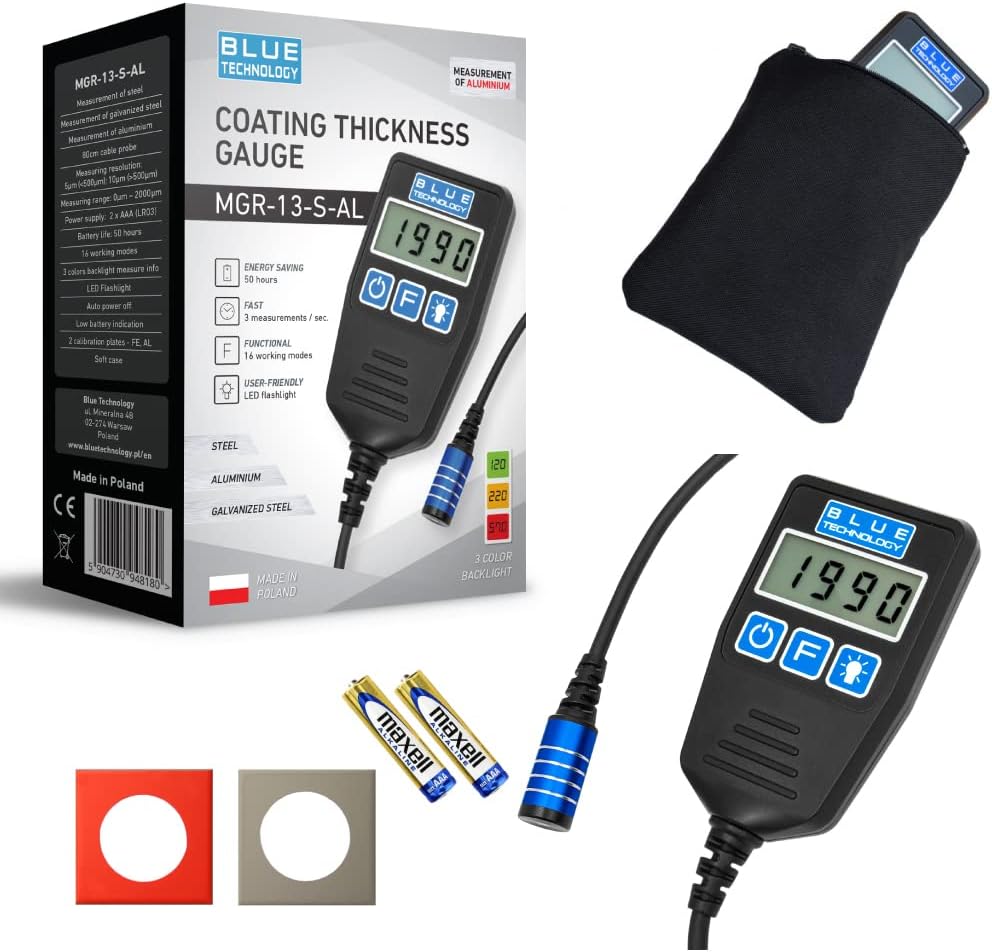 Blue TechnologyMGR-13-S-AL Paint Thickness Gauge Steel & Aluminium Coating Thickness Gauge Paint Tester for Car Made in EU