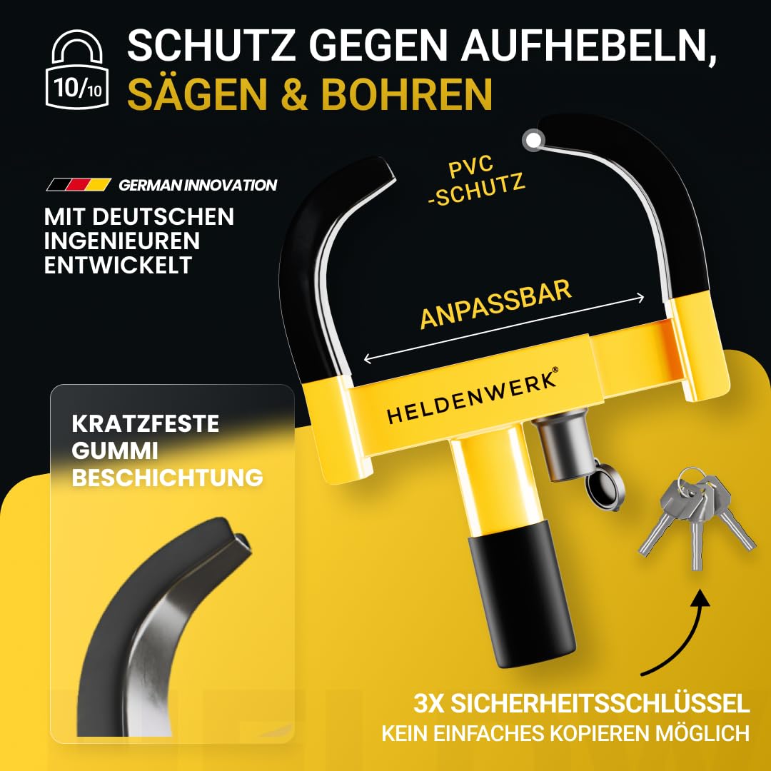 HELDENWERK Park-Claw Wheel Clamp with High Safety Lock and 3 Keys for Trailer, RV, Caravan, Car, Tyre Claw, Car Claw for 18-30 cm Tyre Width (Yellow/Red